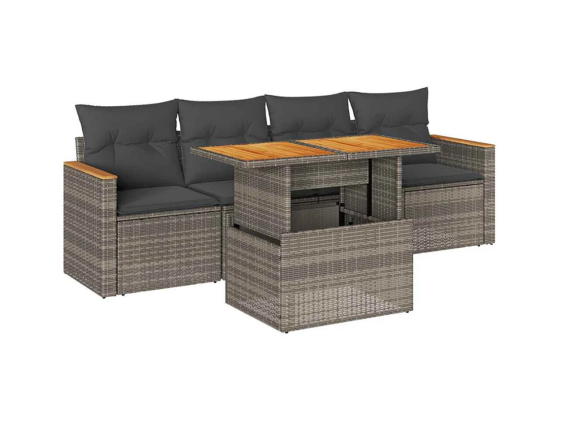 Salon de jardin 5 pcs avec coussins gris résine tressée acacia