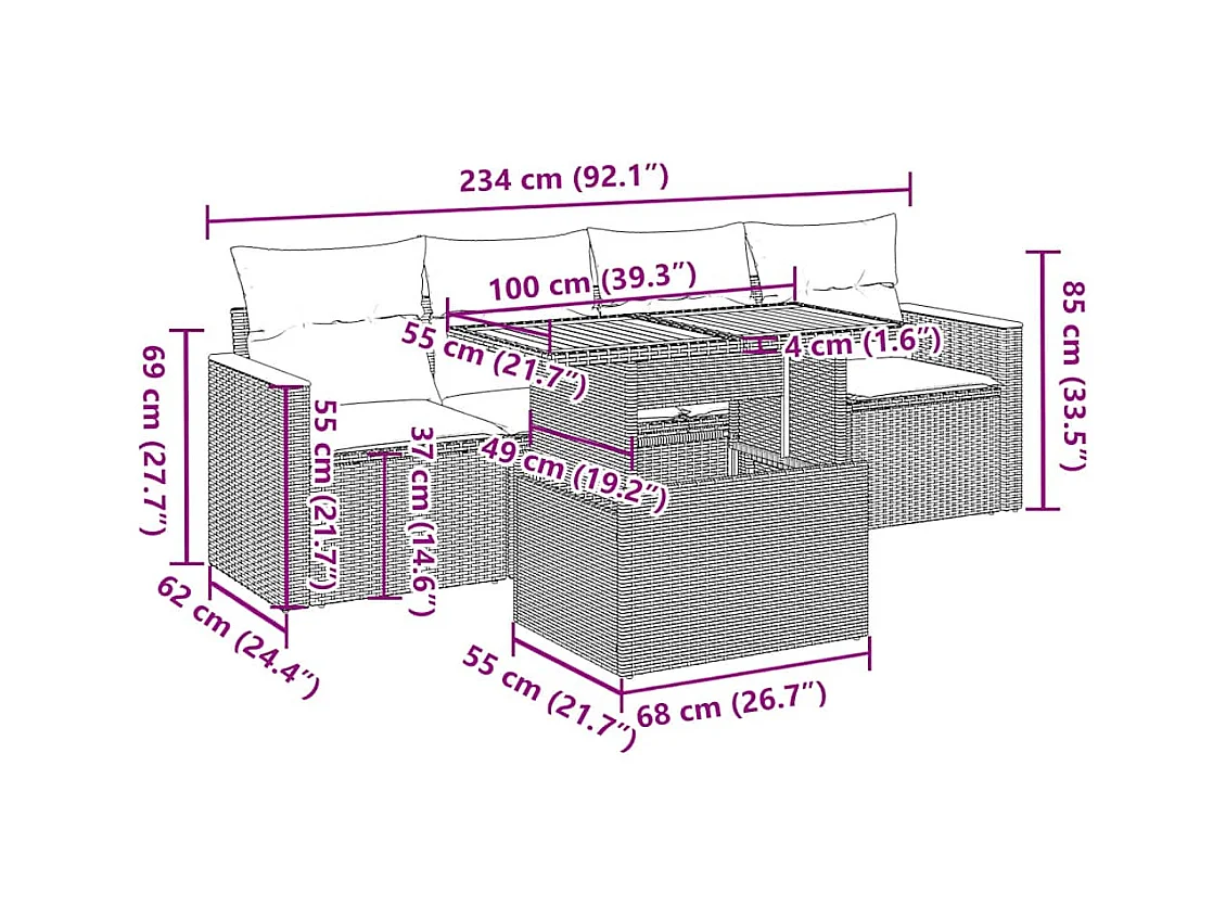 Salon de jardin 5 pcs avec coussins gris résine tressée acacia