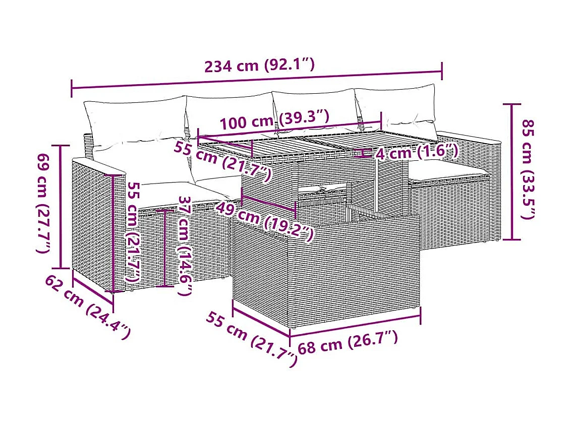 Salon de jardin 5 pcs avec coussins gris résine tressée acacia
