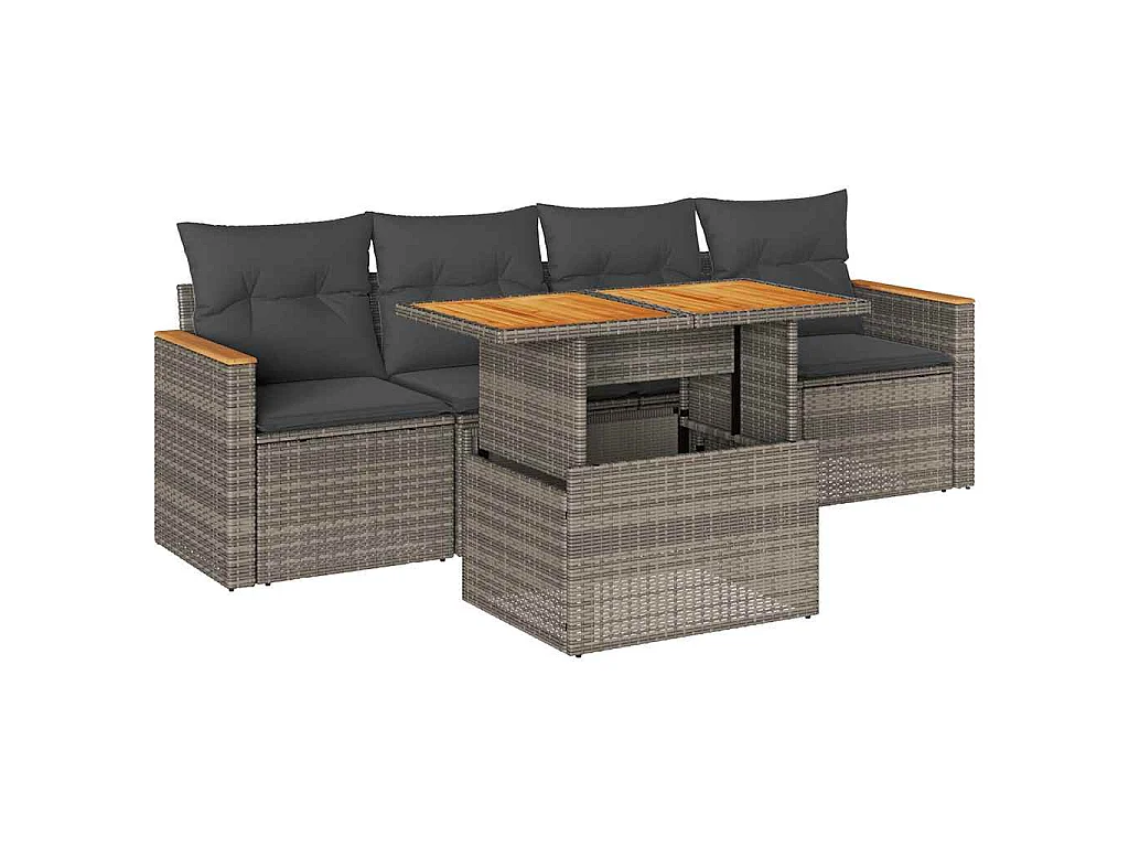 5-delige Loungeset met kussens poly rattan acacia grijs