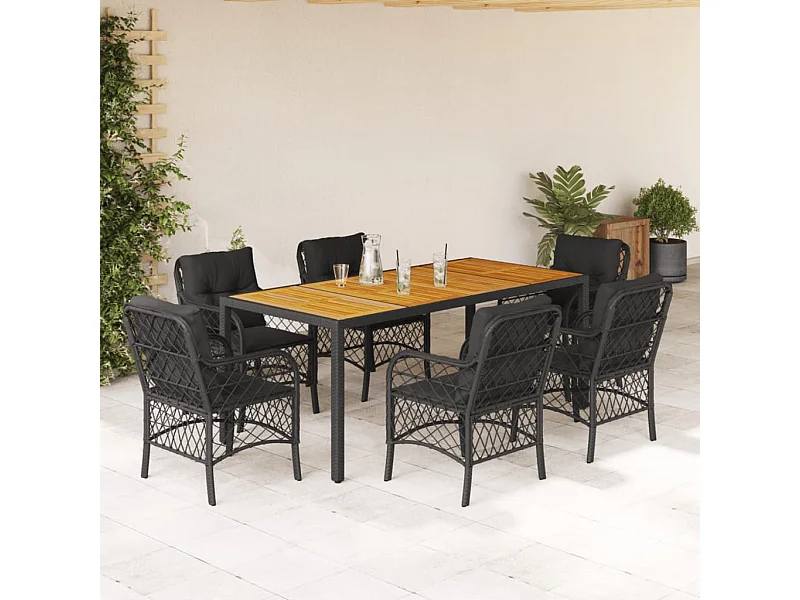 Ensemble à manger de jardin coussins 7pcs Noir Résine tressée
