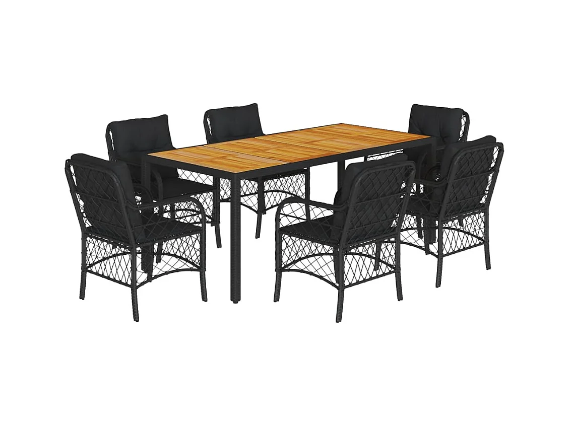 Ensemble à manger de jardin coussins 7pcs Noir Résine tressée