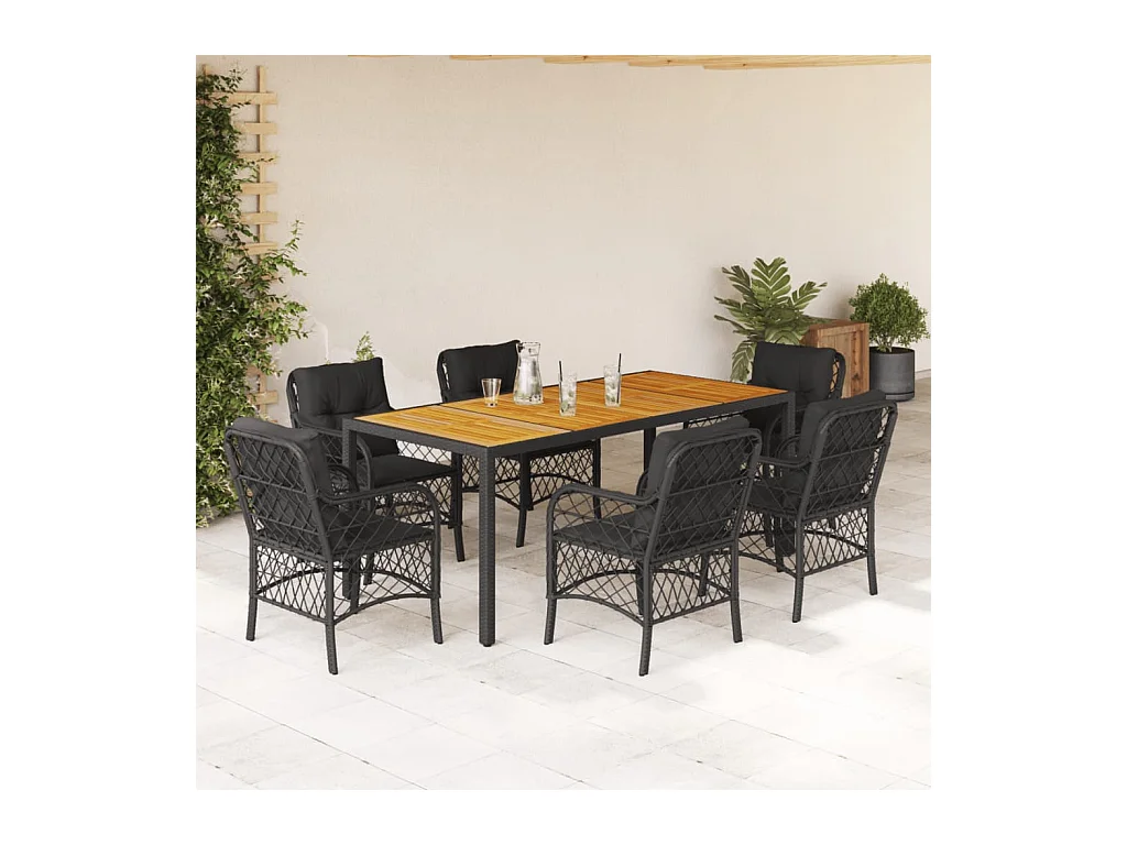 Set da Pranzo da Giardino 7 pz Nero con Cuscini in Polyrattan