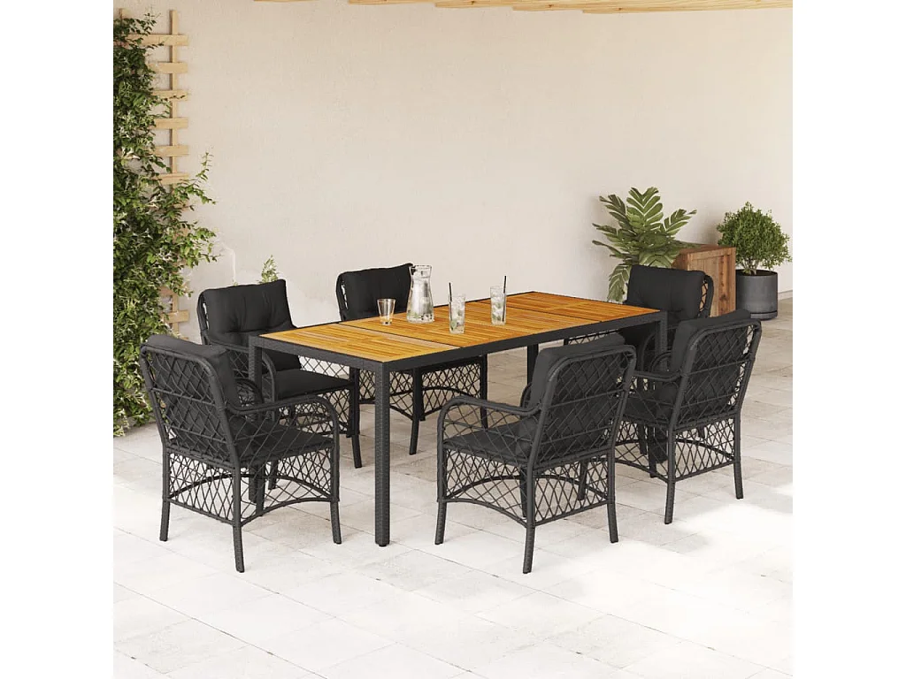 7-tlg. Garten-Essgruppe mit Kissen Schwarz Poly Rattan