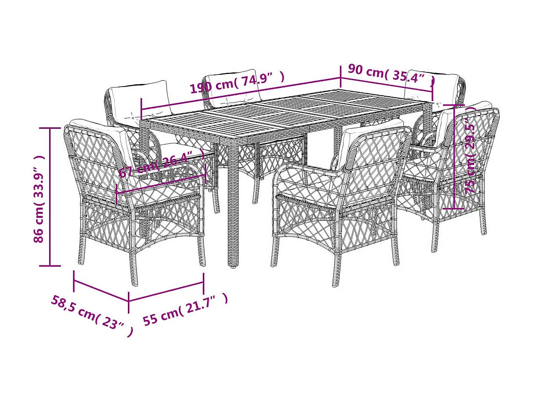 7-tlg. Garten-Essgruppe mit Kissen Schwarz Poly Rattan