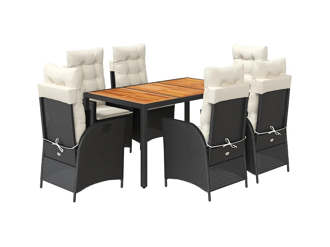 7-tlg. Garten-Essgruppe mit Kissen Schwarz Poly Rattan