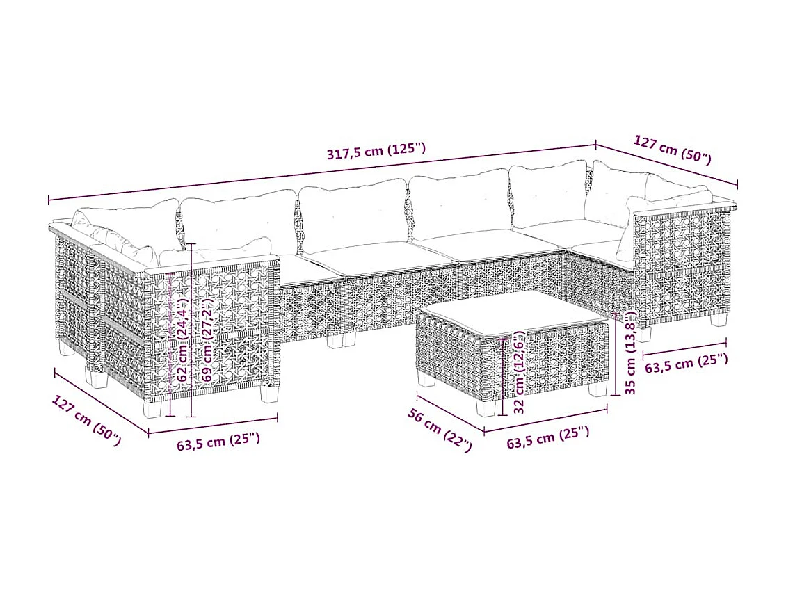 Salon de jardin avec coussins 8 pcs beige résine tressée