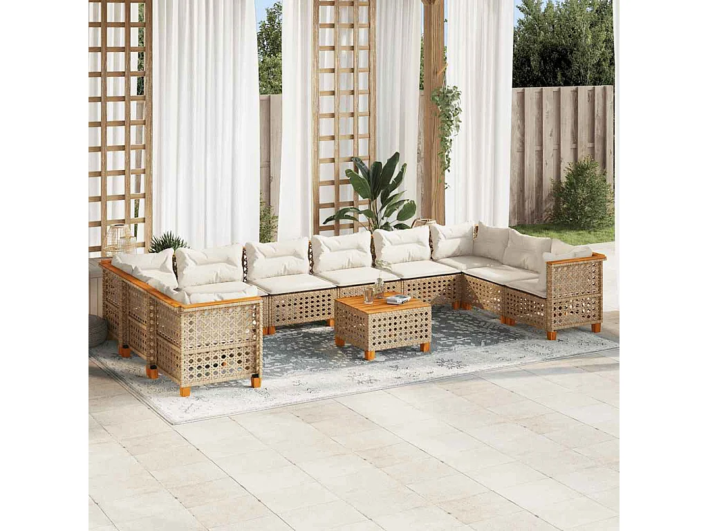 11-tlg. Garten-Sofagarnitur mit Kissen Beige Poly Rattan