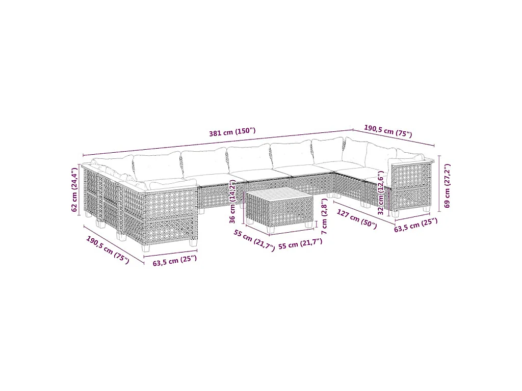11-delige Tuinset met kussens poly rattan beige
