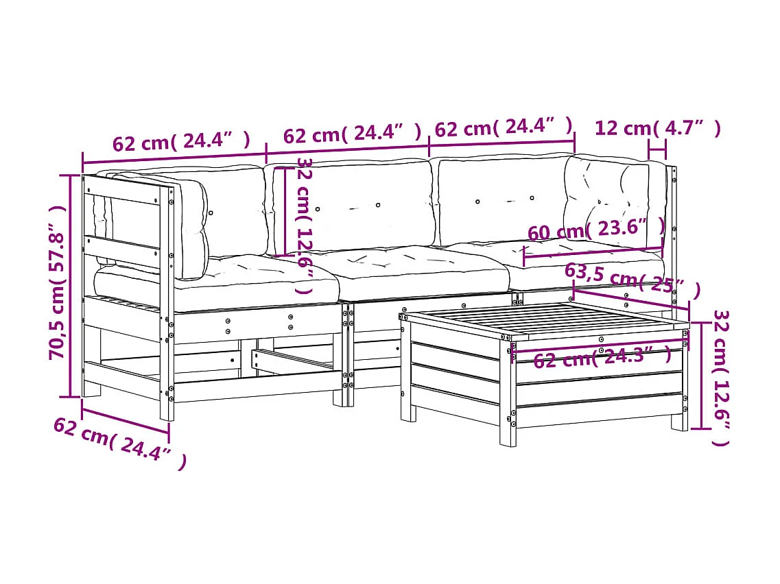 4 pcs conj. lounge jardim com almofadões madeira douglas maciça