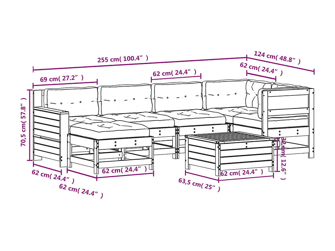 7 pcs conj. lounge jardim com almofadões madeira douglas maciça