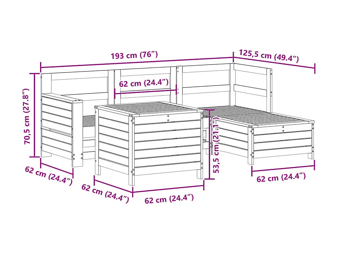 Salon de jardin 5 pcs bois de pin massif