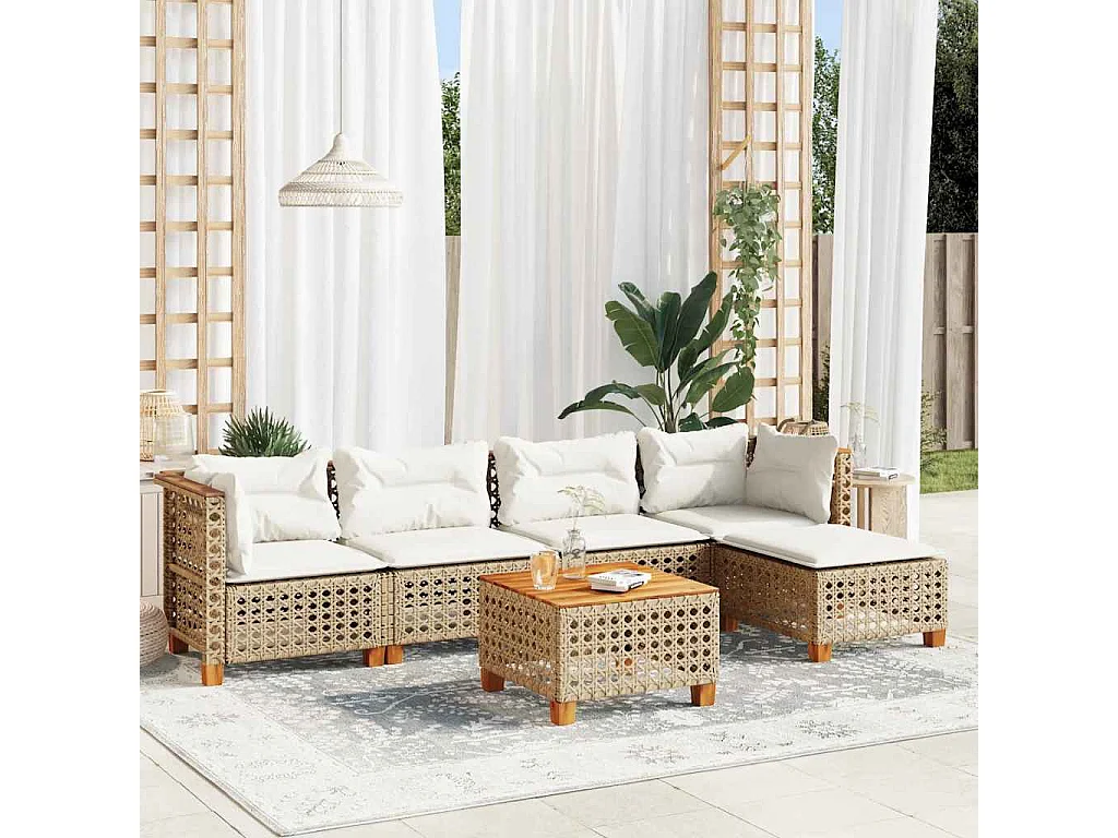 6-tlg. Garten-Sofagarnitur mit Kissen Beige Poly Rattan