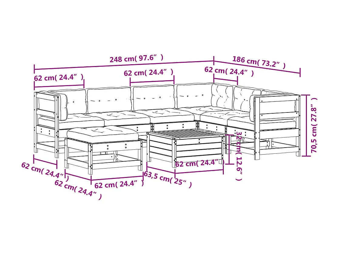 8 pcs conj. lounge jardim c/ almofadões madeira douglas maciça