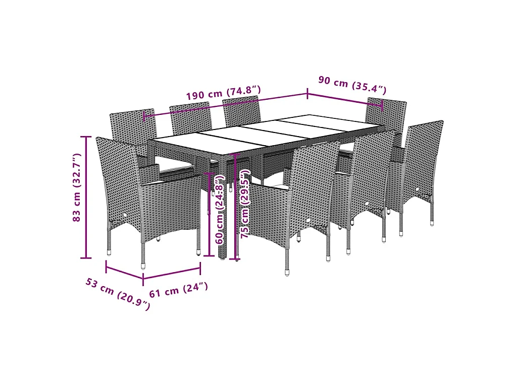 9-delige Tuinset met kussens poly rattan en acaciahout grijs