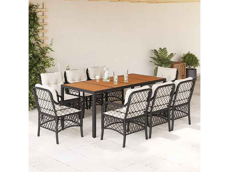 9-tlg. Garten-Essgruppe mit Kissen Schwarz Poly Rattan