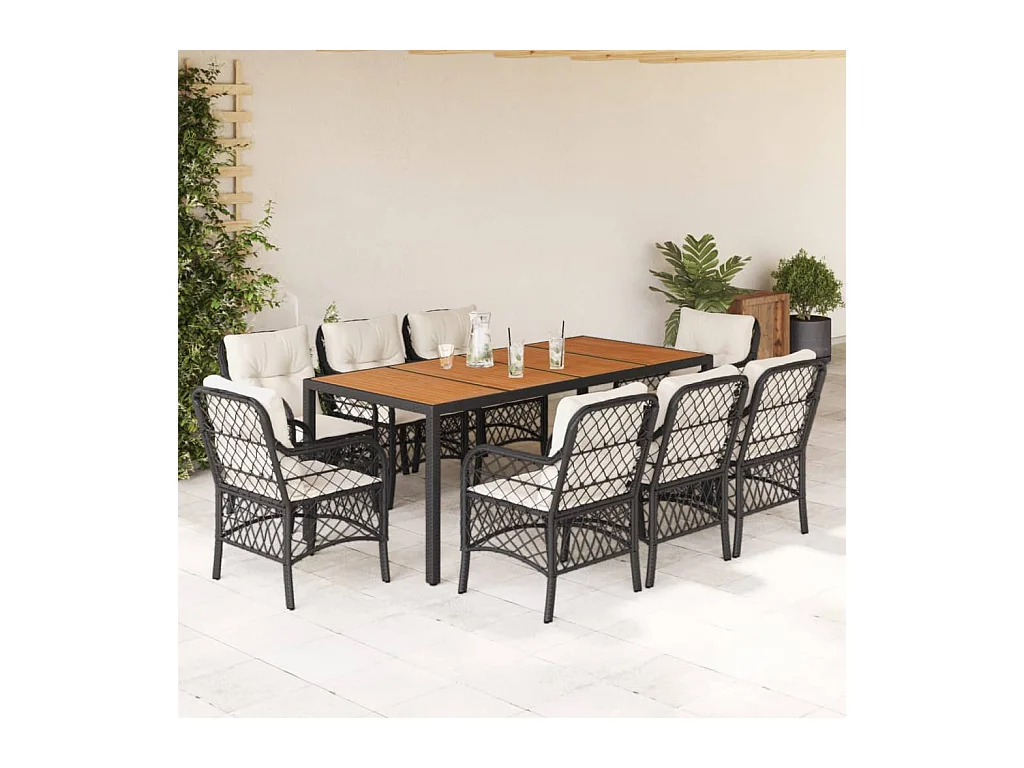 9-tlg. Garten-Essgruppe mit Kissen Schwarz Poly Rattan