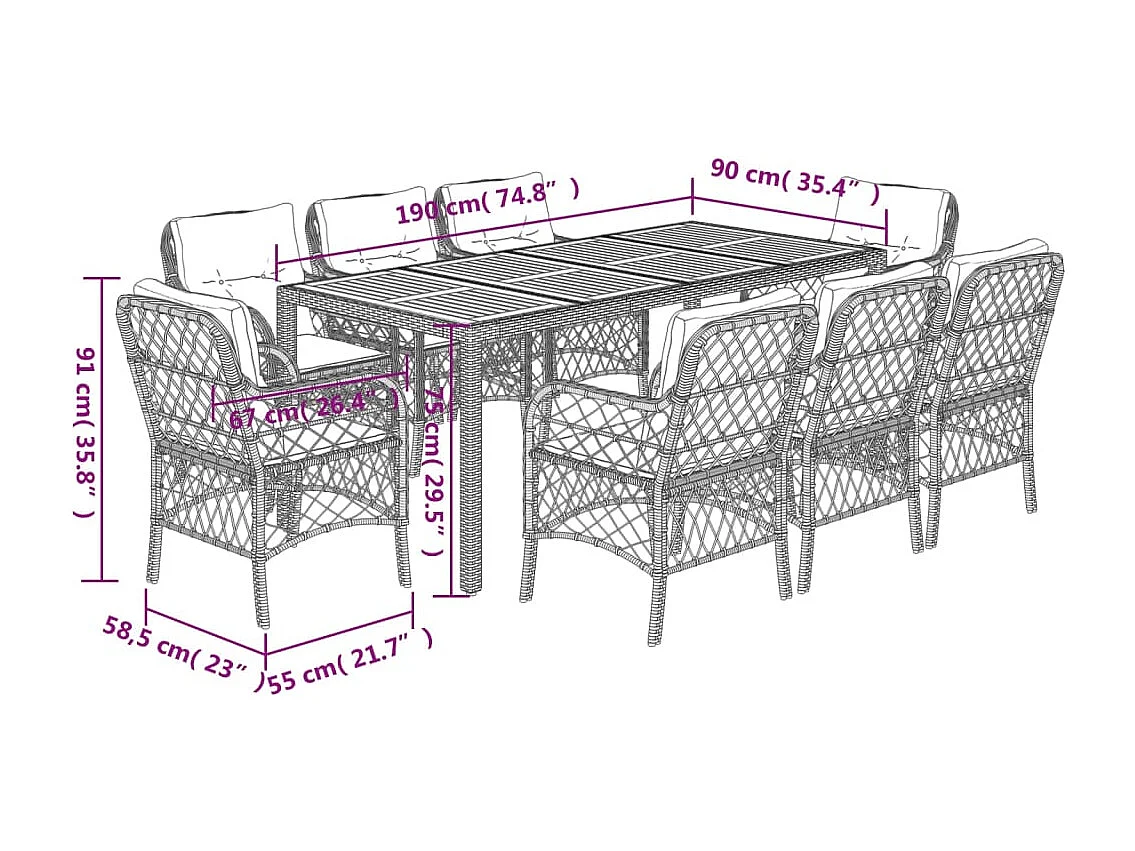 9-tlg. Garten-Essgruppe mit Kissen Schwarz Poly Rattan