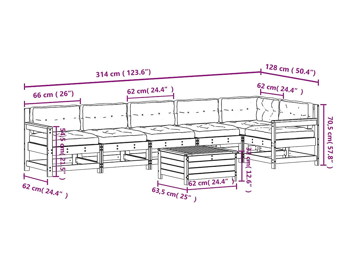 Salon de jardin 7 pcs avec coussins bois massif douglas