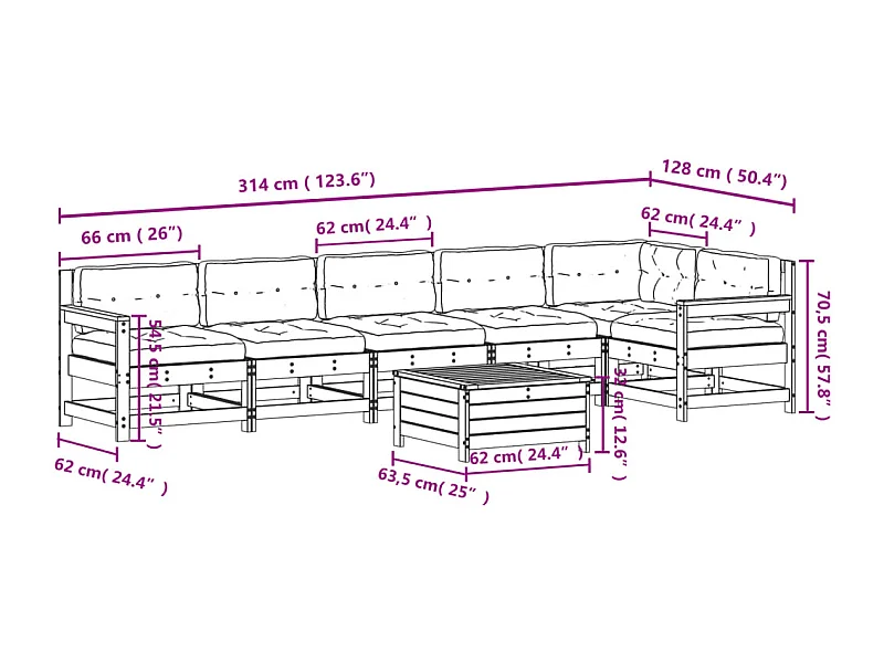 Juego de muebles jardín 7 pzas y cojines madera abeto Douglas
