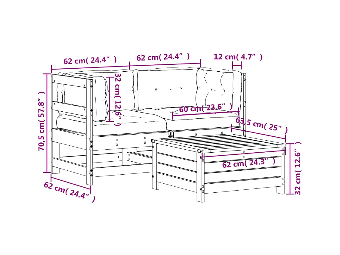 3-delige Loungeset met kussens geïmpregneerd grenenhout