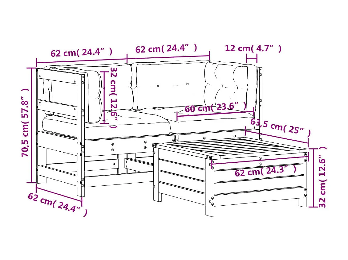 3-tlg. Garten-Lounge-Set mit Kissen Kiefernholz Imprägniert