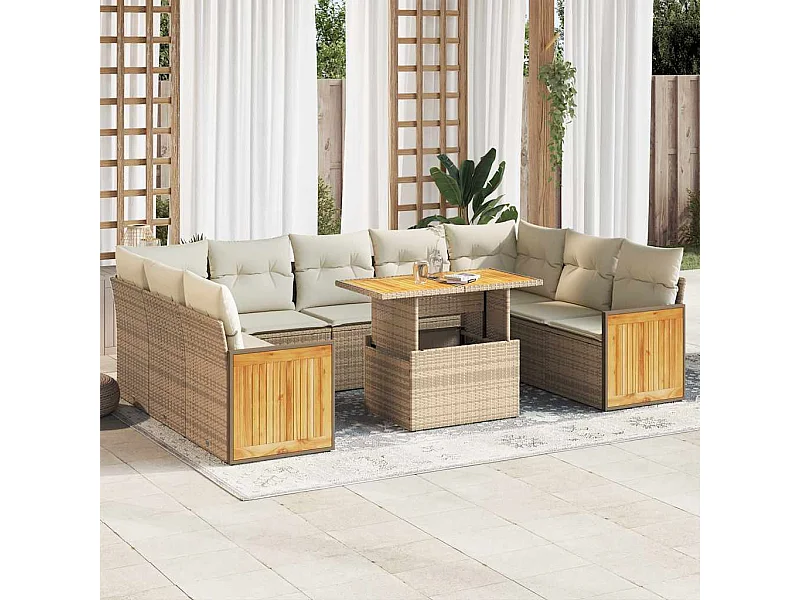 10-delige Loungeset met kussens poly rattan acacia beige