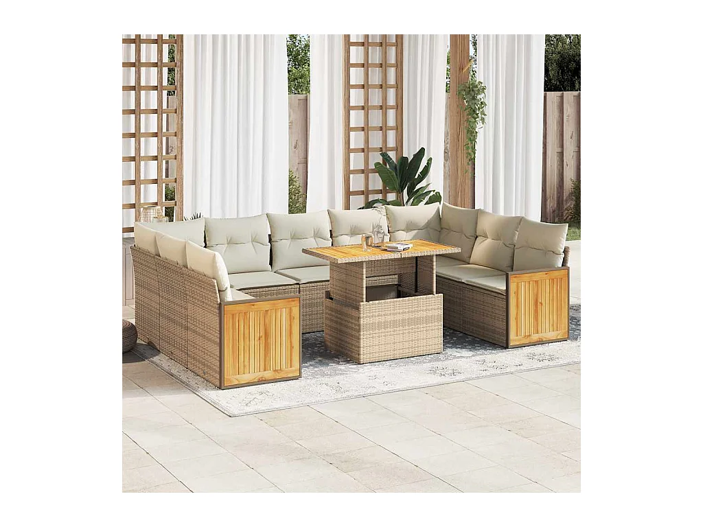 Salon de jardin avec coussins 10pcs beige résine tressée acacia