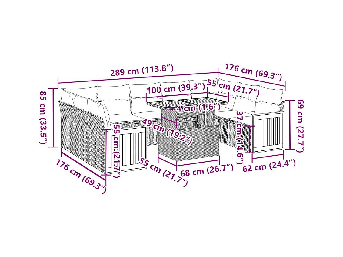 Salon de jardin avec coussins 10pcs beige résine tressée acacia