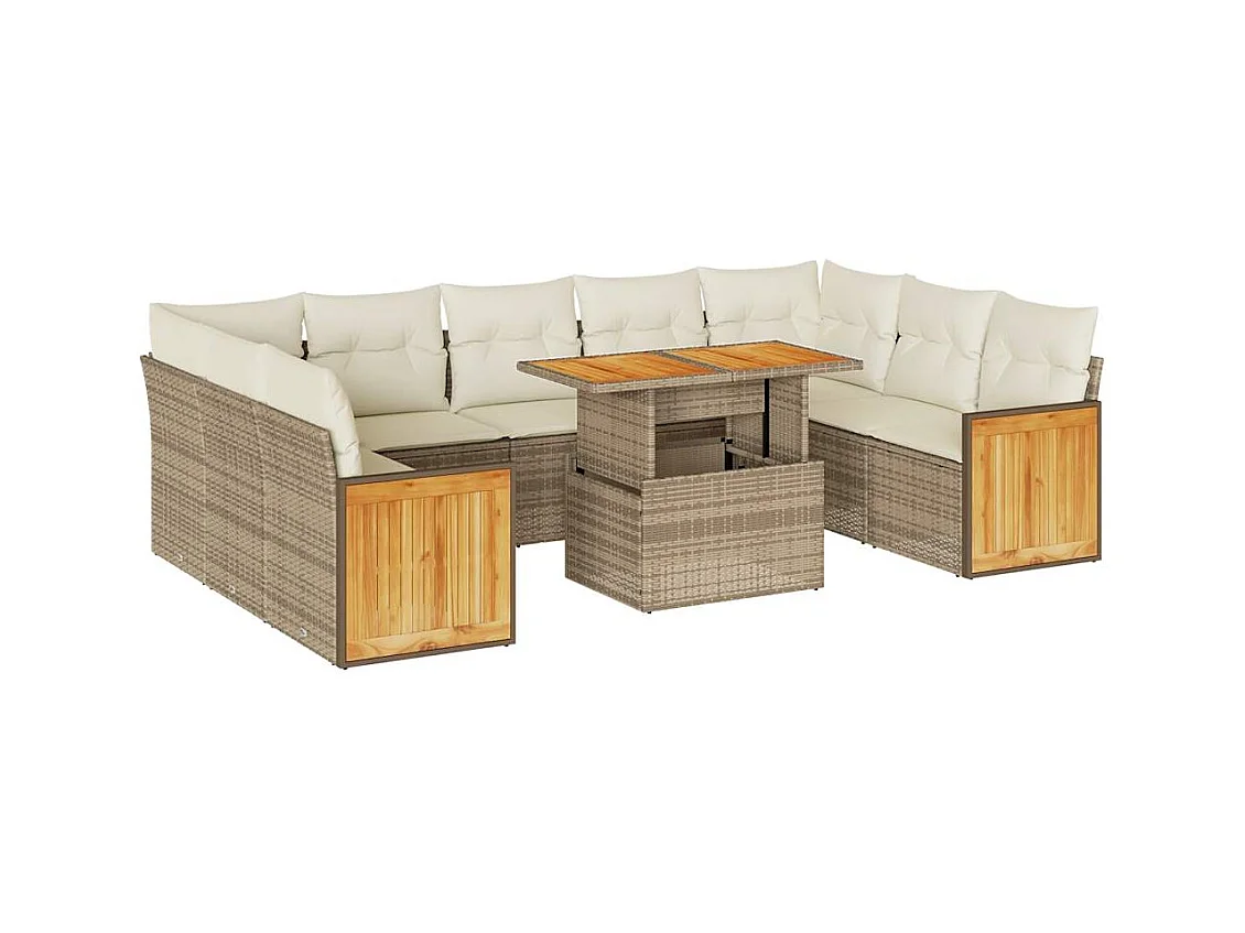 10-tlg. Garten-Sofagarnitur mit Kissen Beige Poly Rattan Akazie