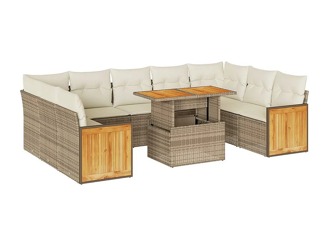 Divano da Giardino 10 pz con Cuscini Beige in Polyrattan Acacia