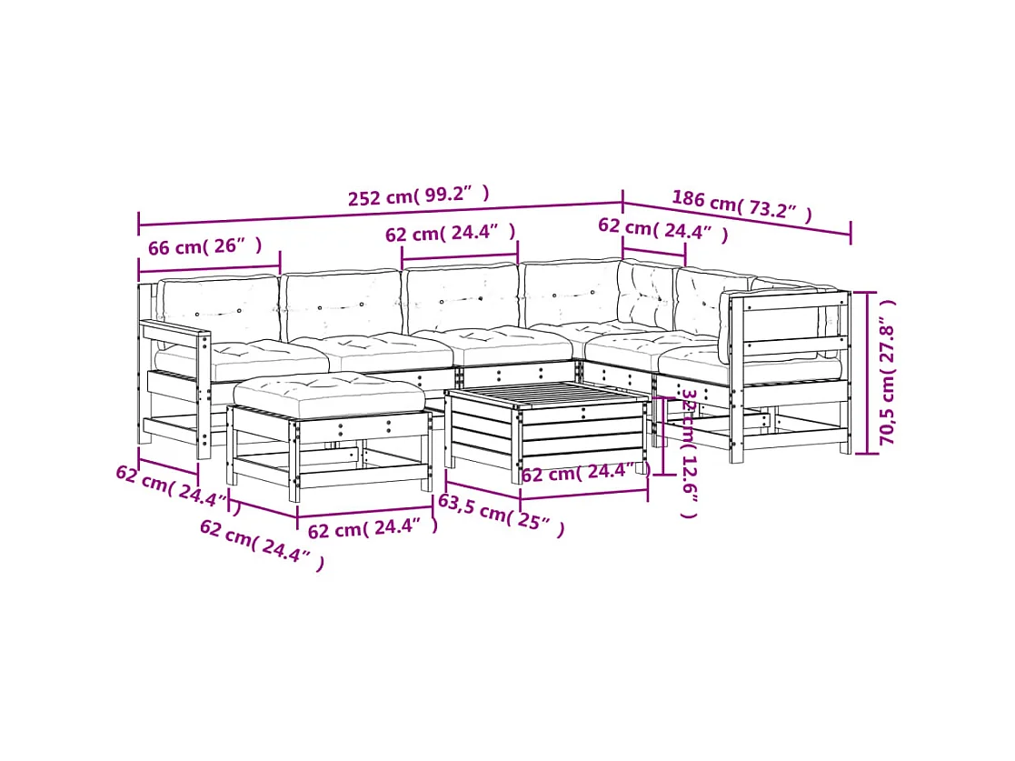 Salon de jardin 8 pcs avec coussins bois de pin imprégné
