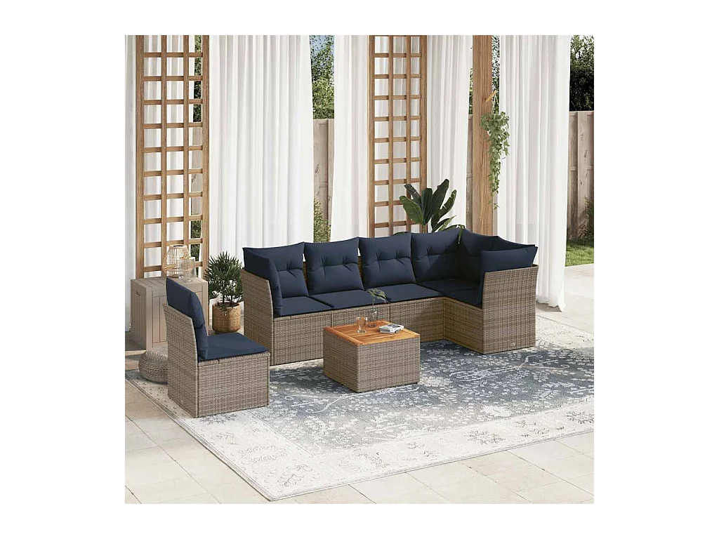 Salon de jardin 7 pcs avec coussins gris résine tressée