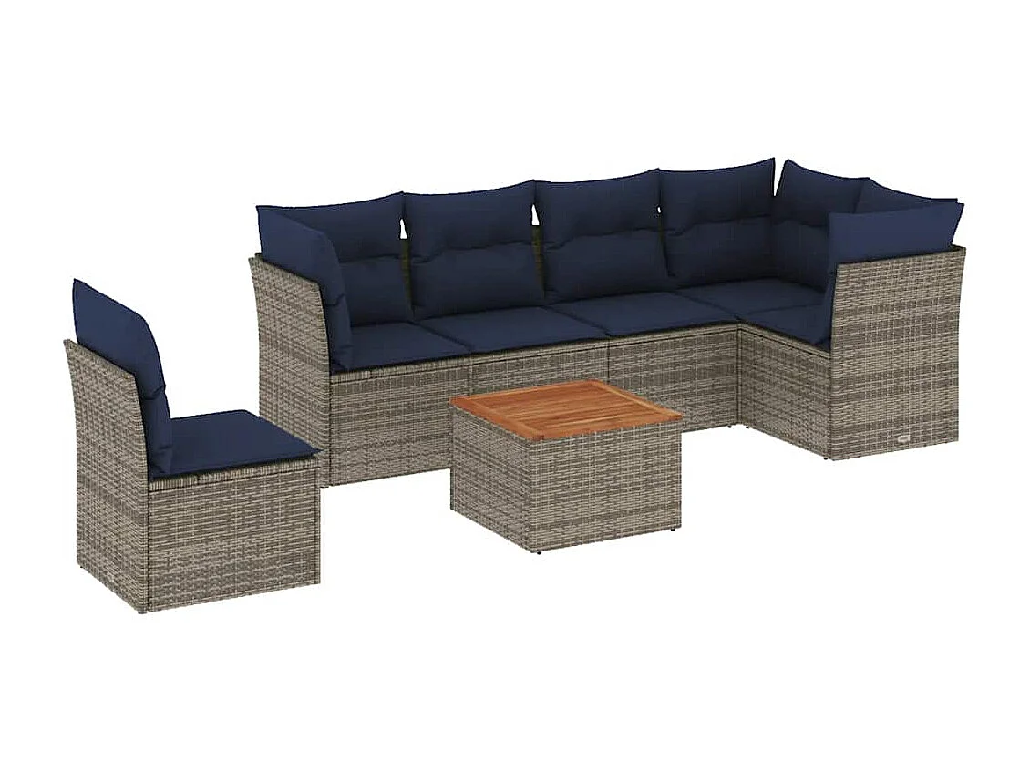 Salon de jardin 7 pcs avec coussins gris résine tressée