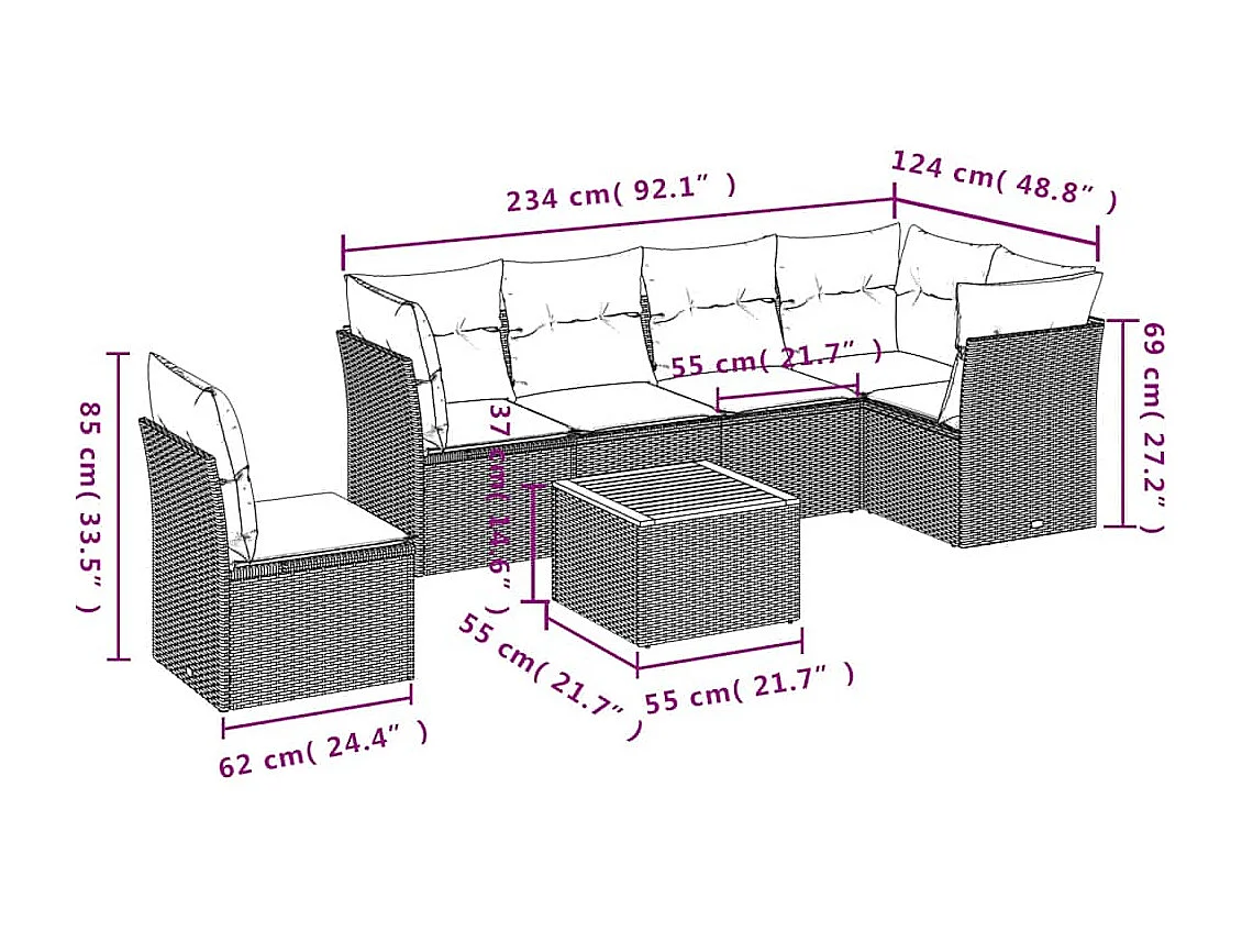Salon de jardin 7 pcs avec coussins gris résine tressée