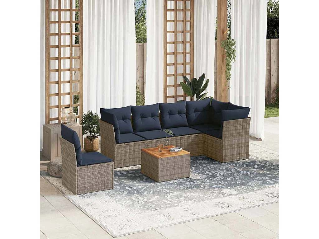 7-tlg. Garten-Sofagarnitur mit Kissen Grau Poly Rattan