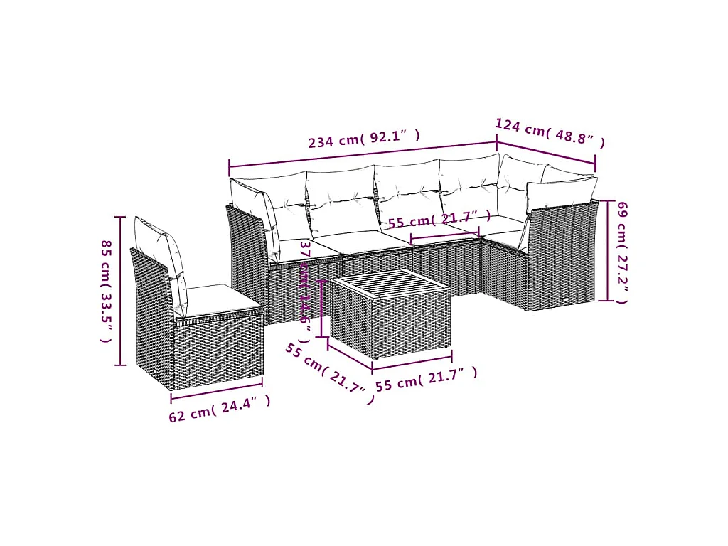 7-tlg. Garten-Sofagarnitur mit Kissen Grau Poly Rattan