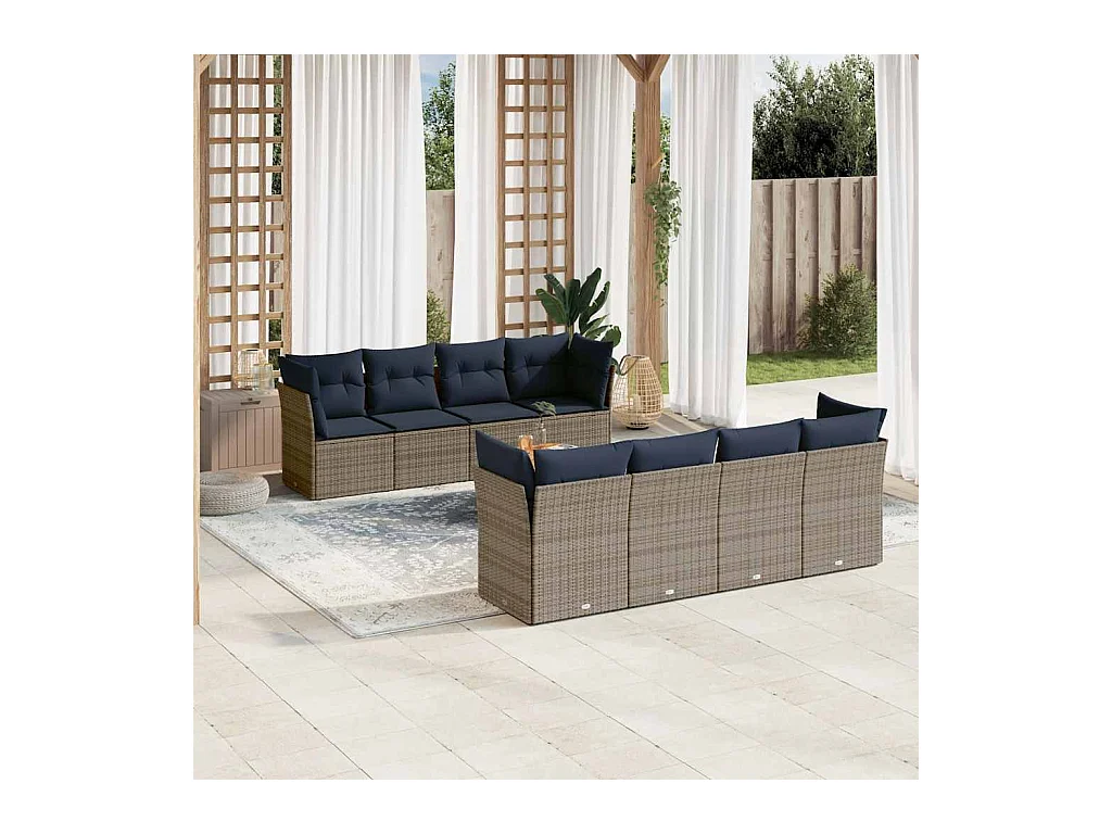 Salon de jardin 9 pcs avec coussins gris résine tressée