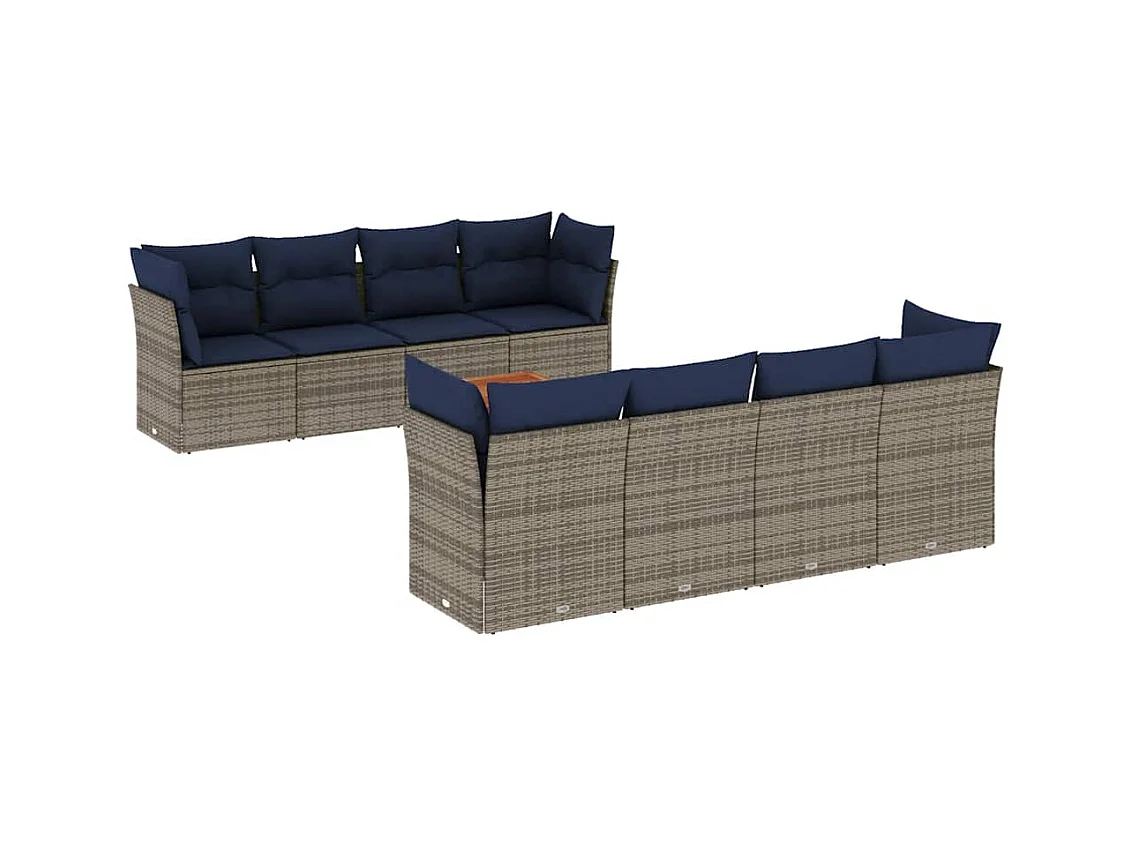 Salon de jardin 9 pcs avec coussins gris résine tressée