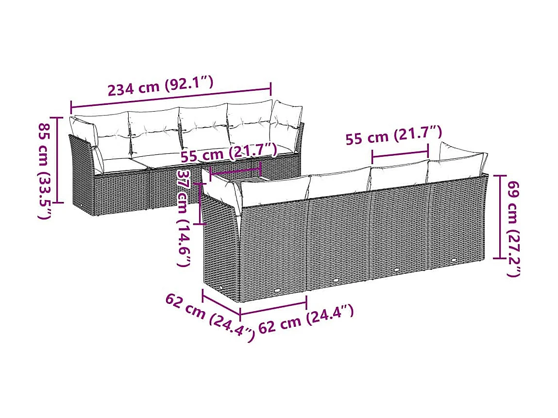 Salon de jardin 9 pcs avec coussins gris résine tressée