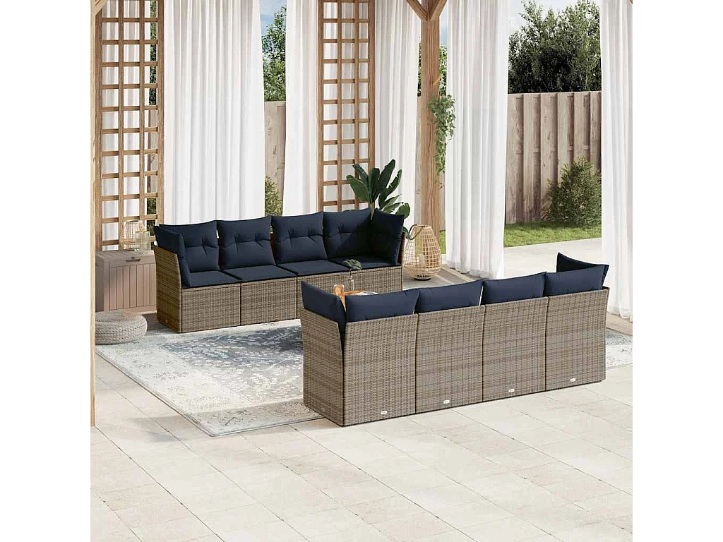 9-delige Loungeset met kussens poly rattan grijs