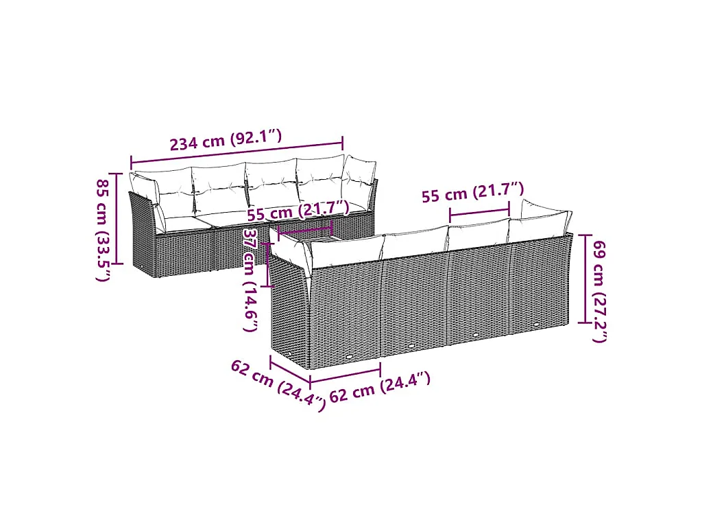 9-delige Loungeset met kussens poly rattan grijs