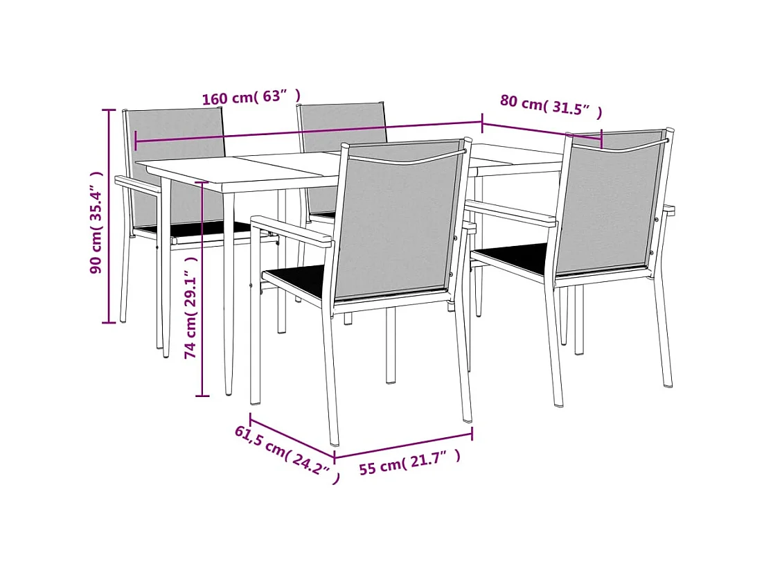 Ensemble à manger de jardin 5 pcs noir textilène et acier