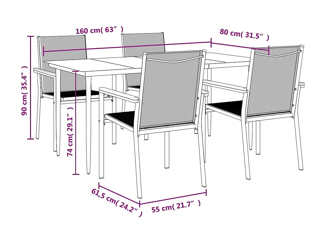 Ensemble à manger de jardin 5 pcs noir textilène et acier