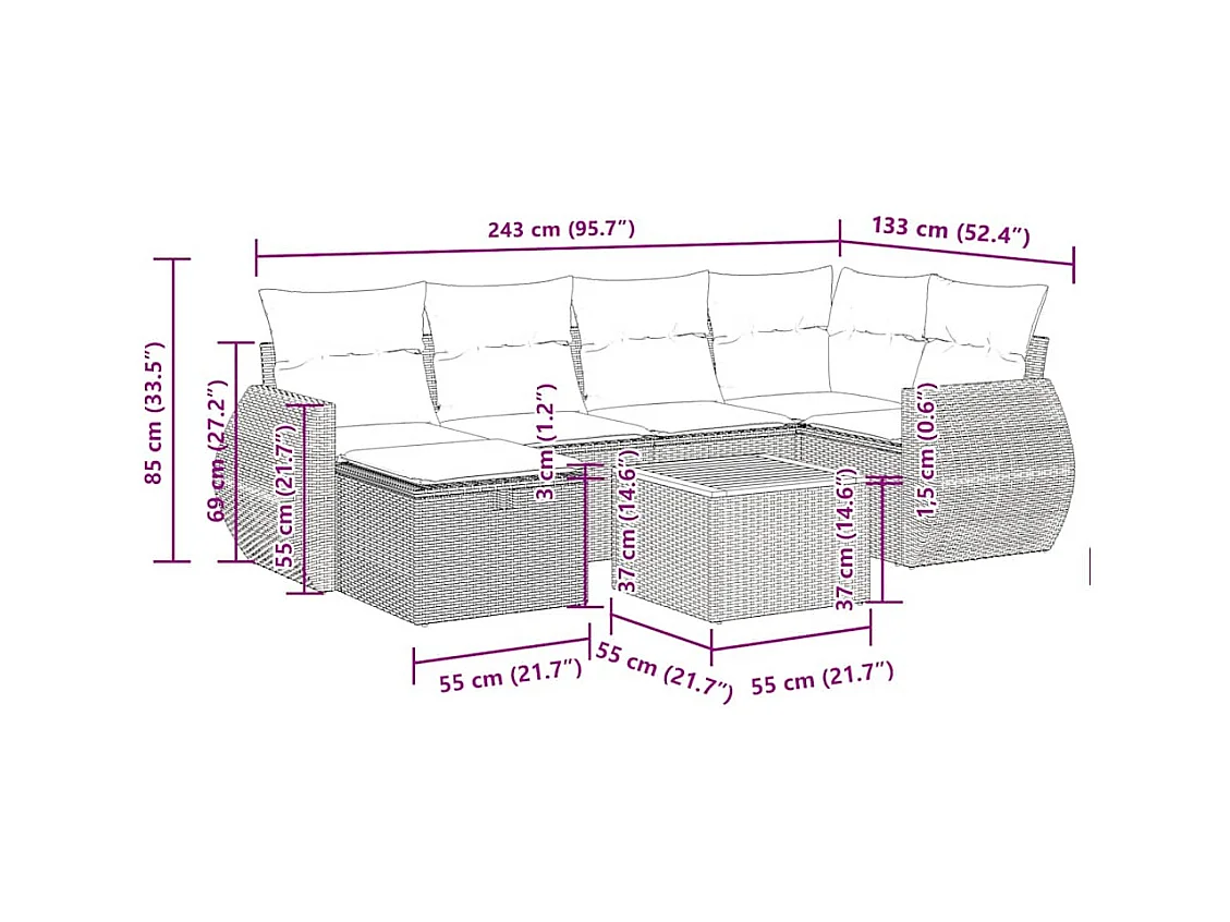 Salon de jardin avec coussins 7 pcs beige résine tressée