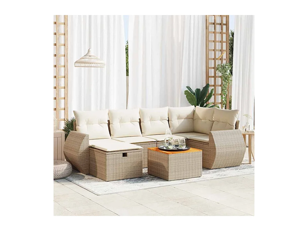 Set Divani da Giardino 7 pz con Cuscini Beige in Polyrattan