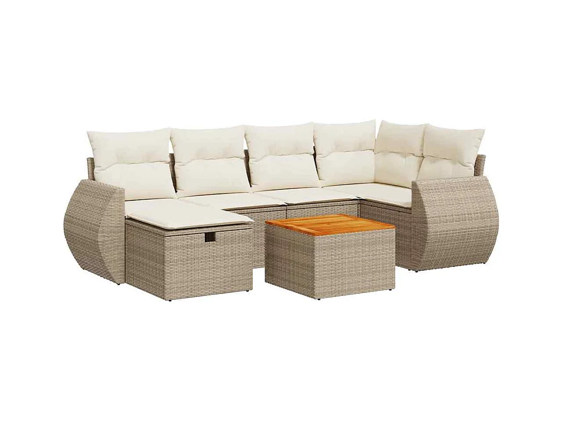 7-tlg. Garten-Sofagarnitur mit Kissen Beige Poly Rattan
