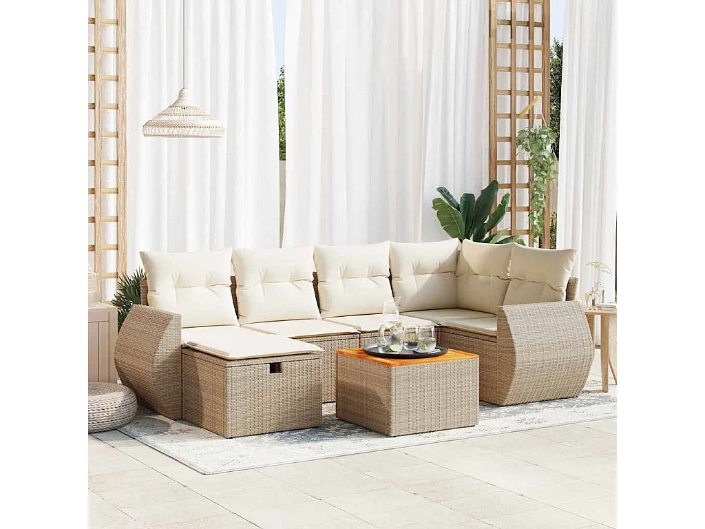 Salon de jardin avec coussins 7 pcs beige résine tressée