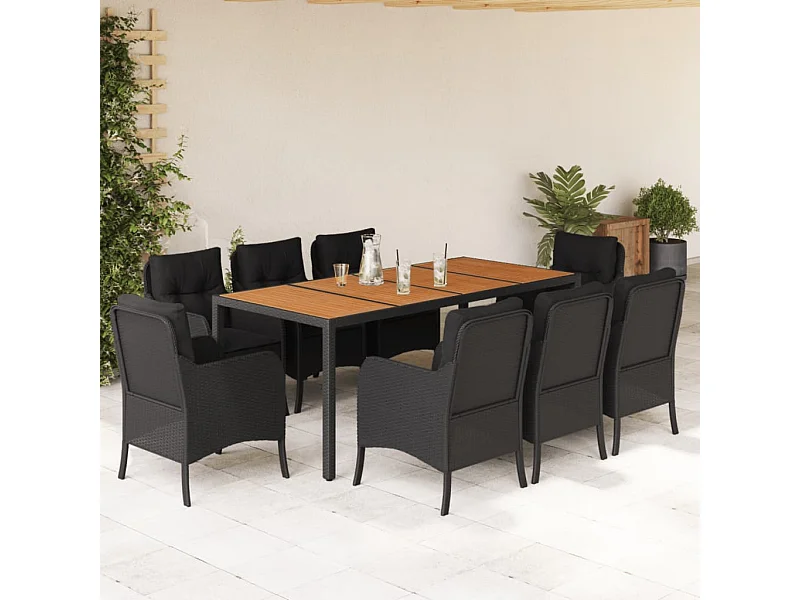 Set da Pranzo da Giardino 9 pz con Cuscini Nero in Polyrattan