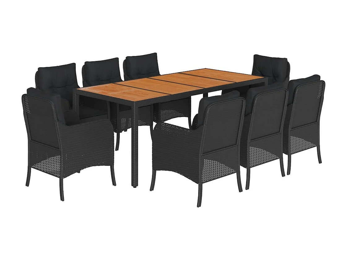 Set de comedor de jardín 9 pzas y cojines ratán sintético negro